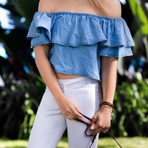 Zara Chambray Off The Shoulder Ruffle Crop size S